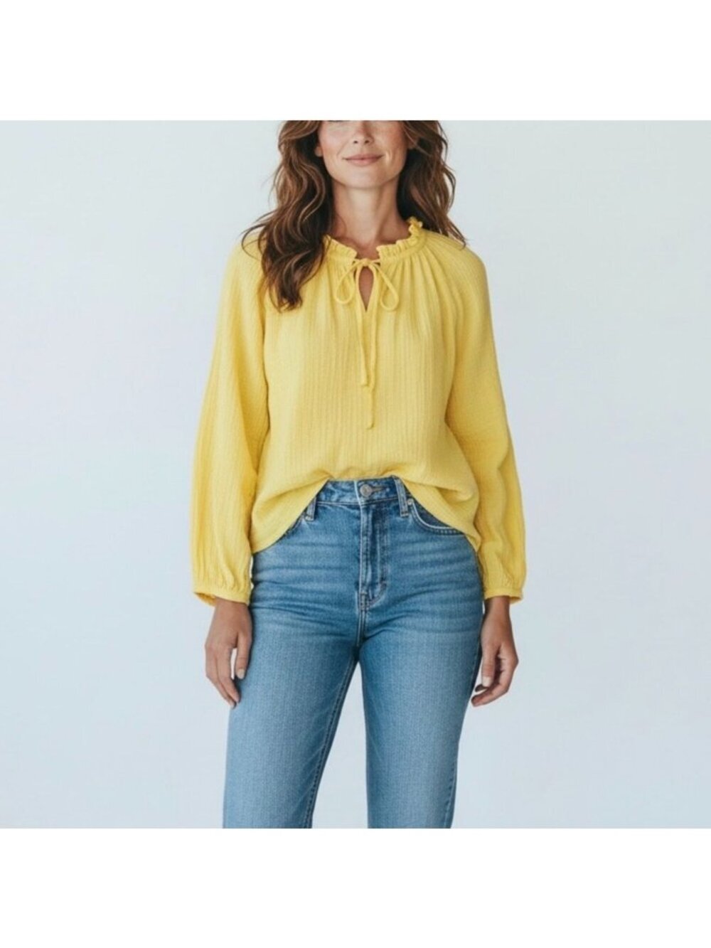 NWT J.Crew Yellow Long Sleeve Gauze Tie Neck Top - Size: Extra Small